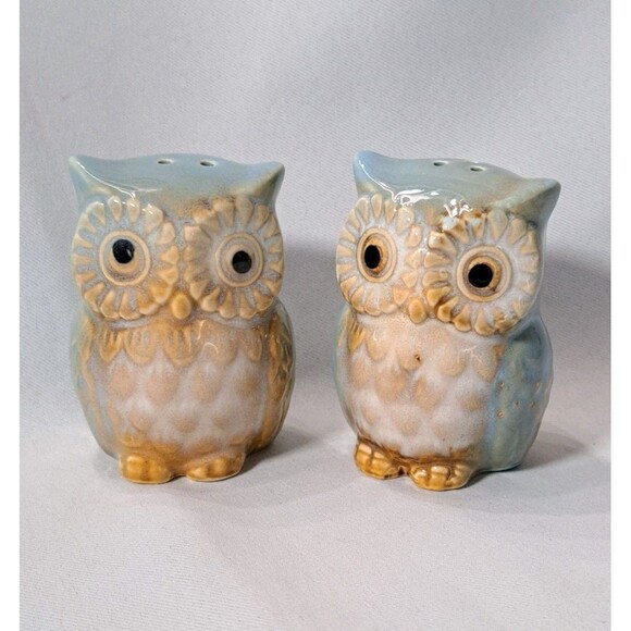 Glazed Ceramic Owl Salt and Pepper Shakers S&P Blue and Tan Unused CUTE - Picture 1 of 9